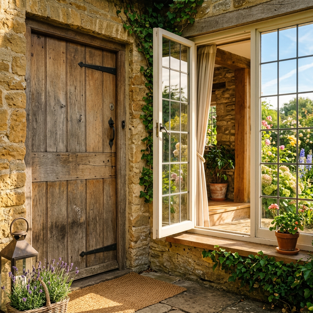 Rustic wooden door next to open glass window showing colorful garden plants
